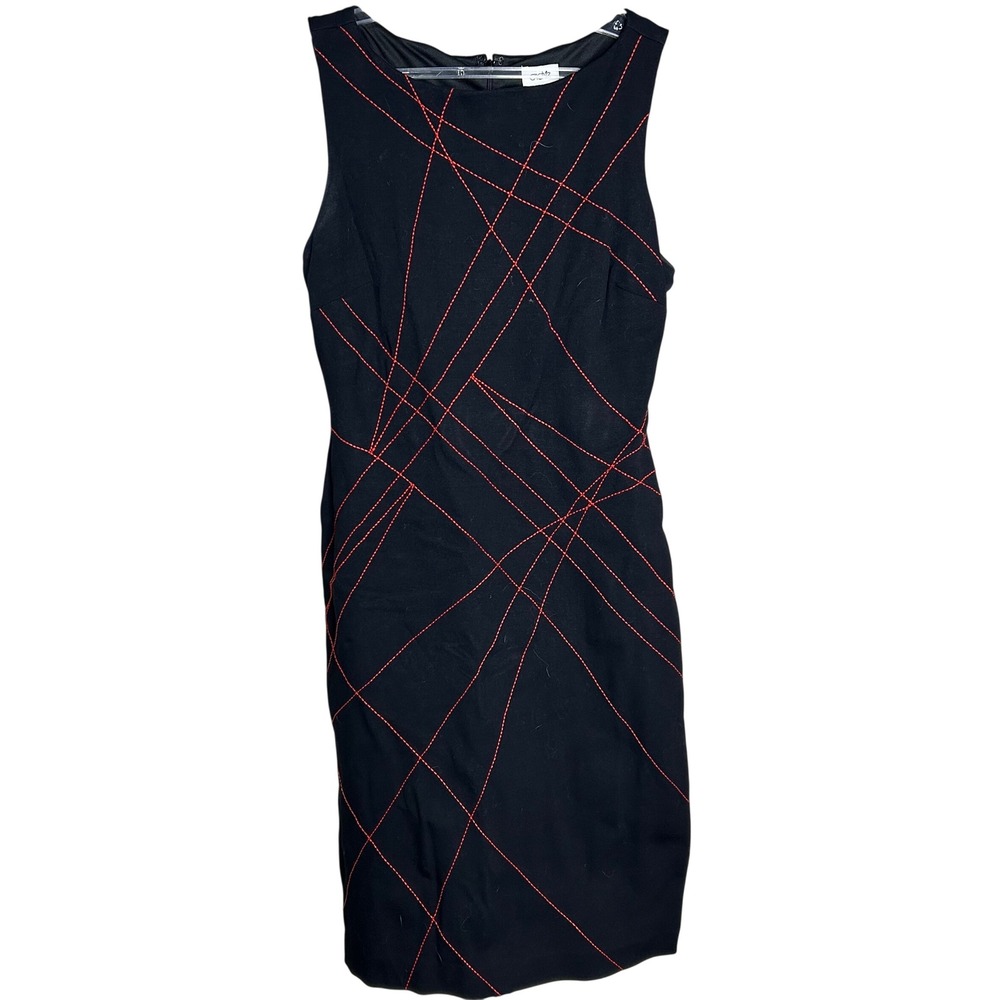 Cache Womens Size 6 Black Red Contrast Stitch Geometric Sheath Dress Sleeveless